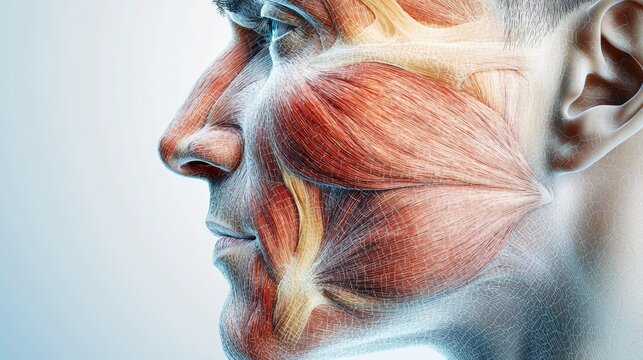 A detailed anatomical illustration of the facial muscles, showcasing the intricate network of muscle fibers.