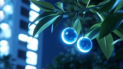 Fruit of Invisibility, glowing blue berry, invisible cloak effect, futuristic urban setting