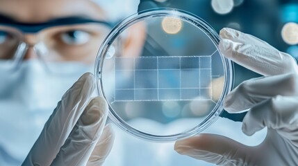 A scientist in a lab coat and gloves holds a petri dish with a sample inside