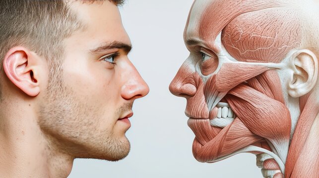 A side-by-side comparison of a human face and its underlying muscle structure.