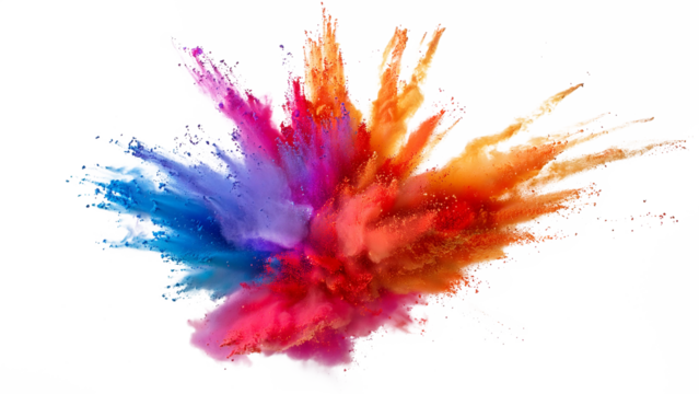 A red, pink, purple, blue, and orange explosion smoke of holi paint color powder isolated on transparent or white background