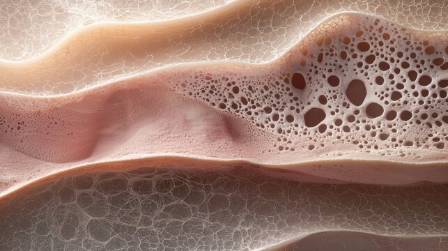 Abstract close-up of a textured surface with a network of bubbles and folds.  The pale pink color and organic shape create a unique and intriguing pattern.