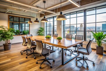 Fototapeta premium Modern startup office with trendy furniture and natural light, featuring a sleek conference table and ergonomic chairs, conveying a sense of collaboration and innovation.