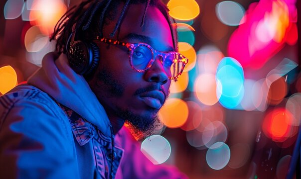 A professional setting up a video conference call in a sleek office