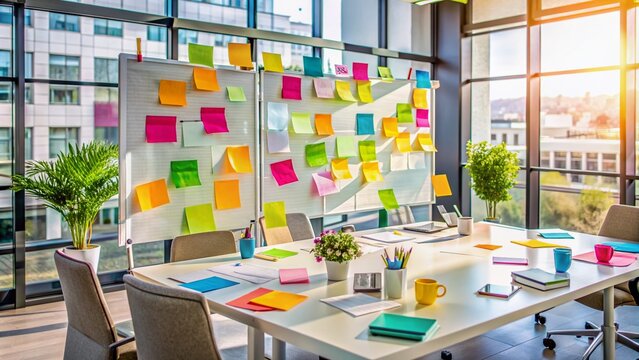 Colorful sticky notes and whiteboards filled with diagrams and ideas scattered across a modern office table, representing a vibrant collaborative brainstorming session.