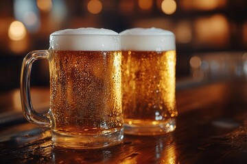 two frosty beer mugs on rustic wooden bar top golden liquid catches warm ambient light focus on condensation and foam creating sense of refreshment and conviviality