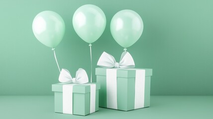 Green birthday gift boxes with white bows surrounded by balloons.