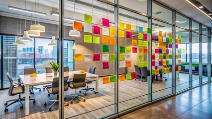 Creative collaboration space with colorful sticky notes and whiteboard markers on a sleek glass wall, setting the stage for innovative idea generation and problem solving.