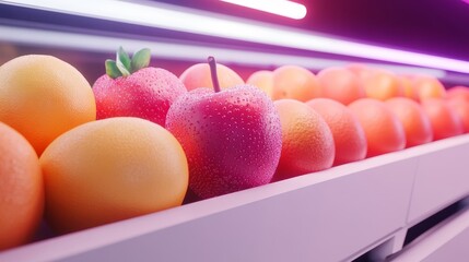 Futuristic fruit market, holographic fruit display, taste changes with consumer's mood, neon-lit setting