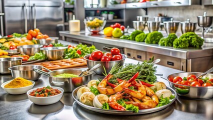 Obraz premium Freshly prepared succulent shrimp dishes, vibrant vegetables, and savory sauces adorn a stainless steel kitchen counter against a clean, modern kitchen backdrop.