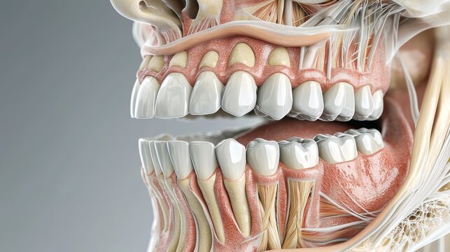 Close-up anatomical illustration of human jaw, teeth, and surrounding muscles.