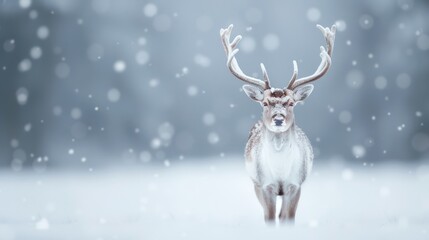A ghostly deer with antlers, walking silently through the snow-covered forest