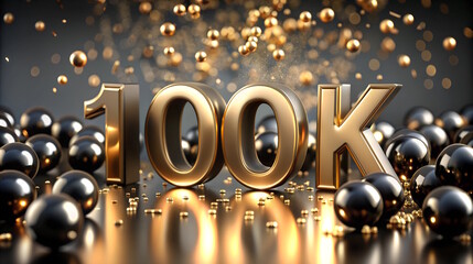 100k followers golden text with black balloons on blurred glitter background. social media concept