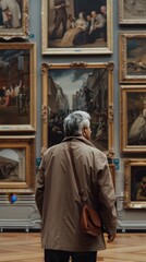 Fototapeta premium An elderly man admires various classic paintings in a vibrant art gallery