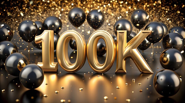 100k followers golden text with black balloons on blurred glitter background. social media concept