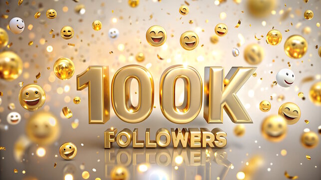 100k followers gold text with smile emogi 