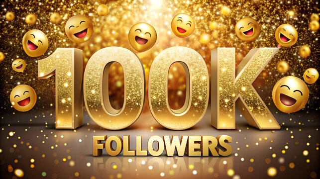 100k followers gold text with smile face emogi and confetti on blurred glitter background. social media concept
