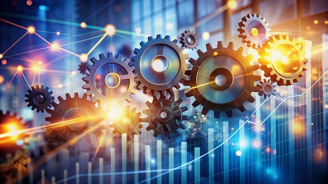 Abstract blurred background with gears, charts, and lights symbolizing innovative corporate strategy, success, and technological growth in a competitive market landscape.