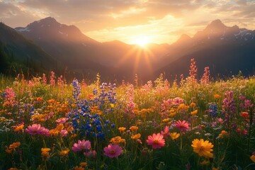 Fototapeta premium vibrant alpine meadow in full bloom diverse wildflowers create a colorful tapestry against backdrop of misty mountains golden morning light enhances natural beauty