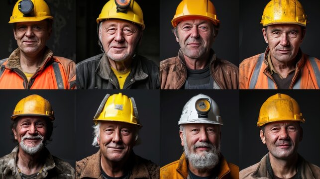 A collage of eight portraits of men wearing hard hats, looking directly at the camera.