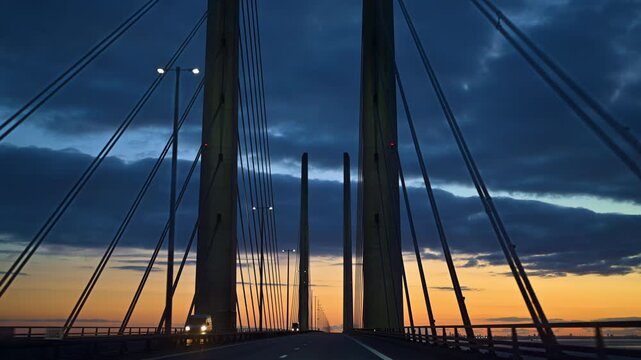 View of the Oresund Bridge cable-stayed bridge across the Oresund strait between Denmark and Sweden at sunset