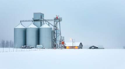Obraz premium Three large metal silos and a small barn in a snow-covered farmland during winter with fog and mist in the background.