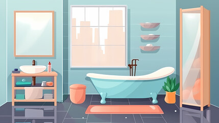 Bath room interior with bathtub and toilet bowl, cabinets and mirrors, cleaning products, and towels. Cartoon vector shower space with window and carpet on floor.