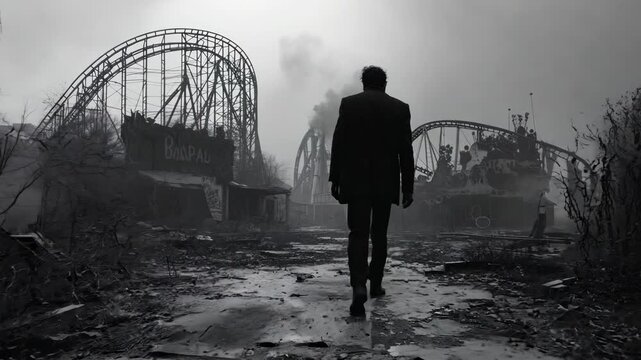 Lone figure walking through abandoned amusement park in eerie fog, perfect for themes of isolation, desolation, and post-apocalyptic settings