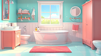 Bath room interior with bathtub and toilet bowl, cabinets and mirrors, cleaning products, and towels. Cartoon vector shower space with window and carpet on floor.