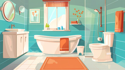 Bath room interior with bathtub and toilet bowl, cabinets and mirrors, cleaning products, and towels. Cartoon vector shower space with window and carpet on floor.