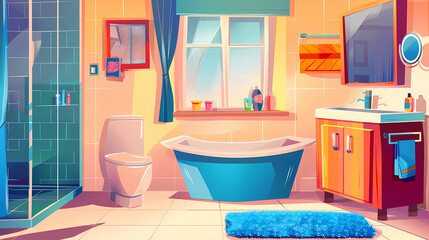 Bath room interior with bathtub and toilet bowl, cabinets and mirrors, cleaning products, and towels. Cartoon vector shower space with window and carpet on floor.