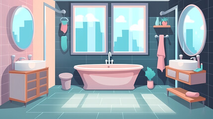Bath room interior with bathtub and toilet bowl, cabinets and mirrors, cleaning products, and towels. Cartoon vector shower space with window and carpet on floor.