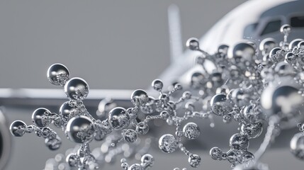 Abstract silver spheres connected to each other with a blurred white airplane in the background.