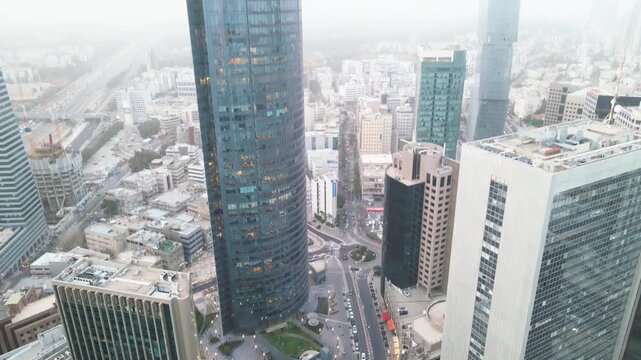 Aerial video above skyscrapers in the city of Ramat Gan Israel