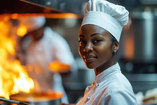 vibrant commercial kitchen with an african american female chef orchestrating a team motion blur of cooking action stateoftheart equipment gleaming in dramatic lighting