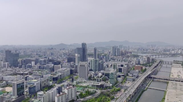rone View of Seoul city in South Korea, gangnam financial district, Summer 60fps