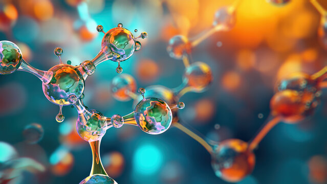 Molecules, 3D model. Atoms, chemical bonds, biomolecules molecular nano structure. Innovation in science, DNA, medicine, education. Chemistry science research, biology, pharmaceuticals biotechnology