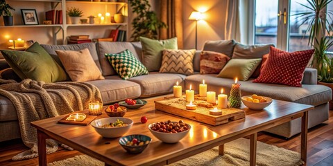Cozy living room setup with board games, cards, and snacks scattered on a wooden table, surrounded by soft cushions and warm lighting, evoking feelings of togetherness.