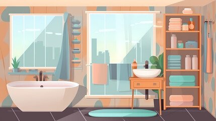 Bath room interior with bathtub and toilet bowl, cabinets and mirrors, cleaning products, and towels. Cartoon vector shower space with window and carpet on floor.
