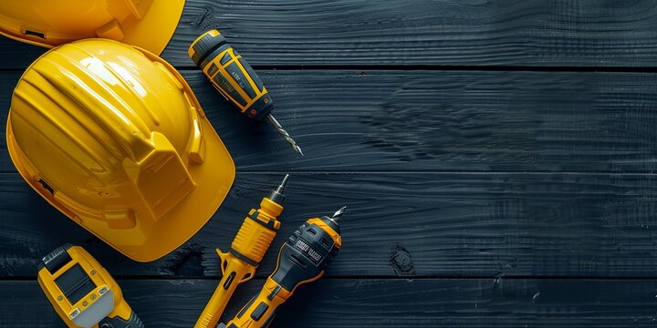 Yellow hard hat and power tools on black wooden background.