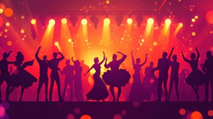 Energetic dance scene with silhouettes of people celebrating under vibrant lights. Perfect for party and event themes.