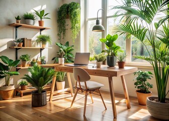 Fototapeta premium Serene workspace bathed in natural light, adorned with lush green plants, where aaptop sits open, awaiting inspiration, surrounded by minimalistic decor and warm wooden accents.