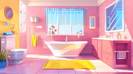 Bath room interior with bathtub and toilet bowl, cabinets and mirrors, cleaning products, and towels. Cartoon vector shower space with window and carpet on floor.