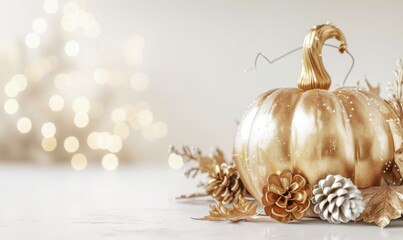 Thanksgiving and Autumn decoration concept made from autumn leaves and pumpkins a white background.