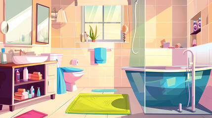 Bath room interior with bathtub and toilet bowl, cabinets and mirrors, cleaning products, and towels. Cartoon vector shower space with window and carpet on floor.