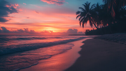 a serene beach with a vivid sunset, palm trees silhouetted against the sky, and gentle waves lapping at the shore
