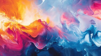 Obraz premium Vibrant abstract fluid art background featuring swirling colorful acrylic paint in orange, pink, and blue.