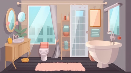 Bath room interior with bathtub and toilet bowl, cabinets and mirrors, cleaning products, and towels. Cartoon vector shower space with window and carpet on floor.