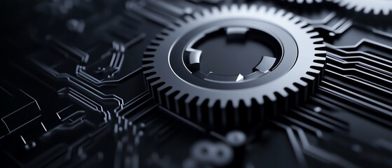 Close-up view of a metal gear on a dark circuit board background, symbolizing technology and innovation in machinery.