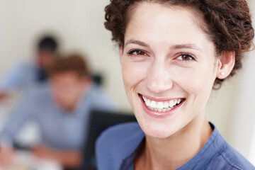 Portrait, smile and woman in boardroom, happy and leader of presentation, brainstorming and IT solutions. Business, face and meeting for teamwork, corporate and cybersecurity specialist in office